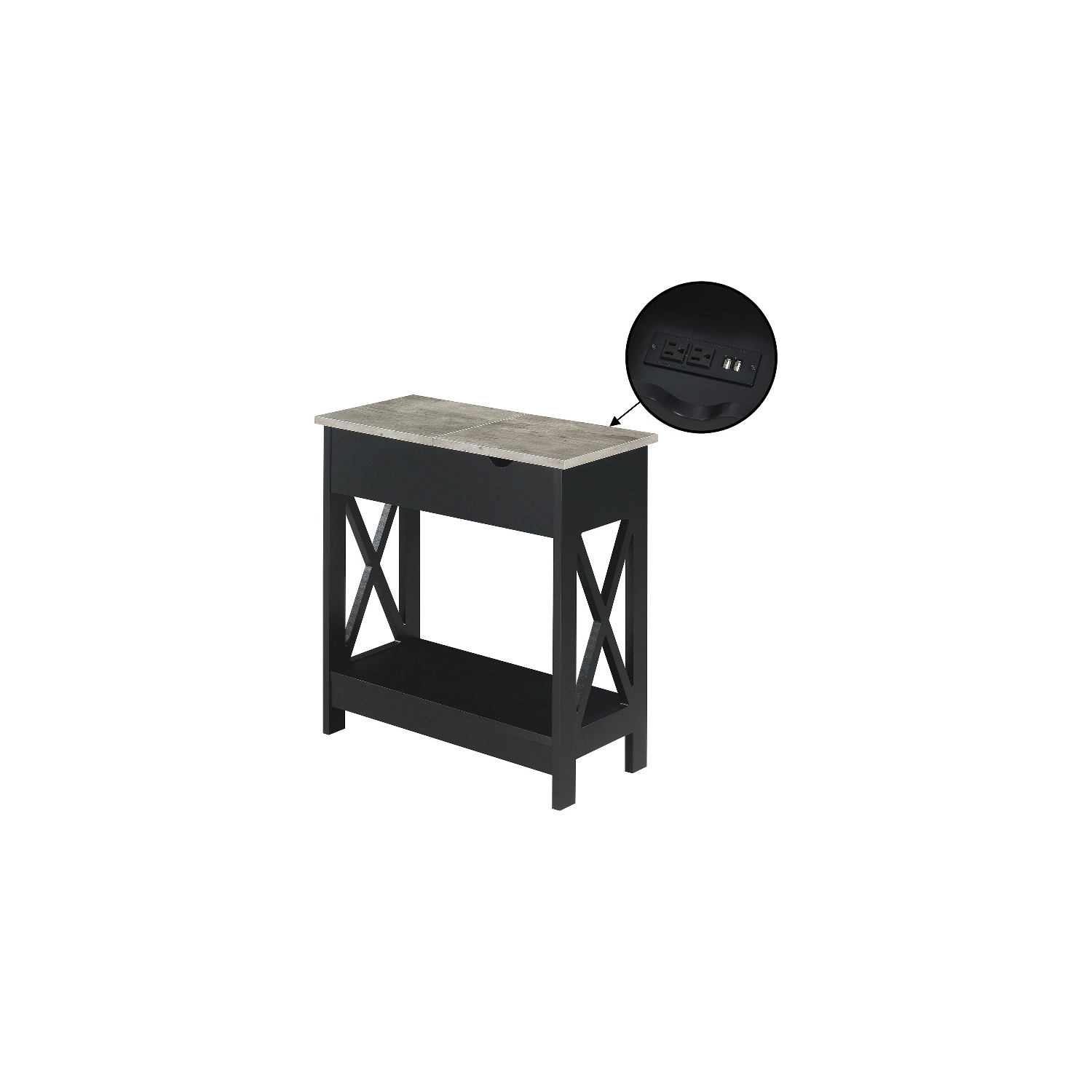 Oxford Flip-Top End Table with Charging Station and Shelf in Black Wood Finish