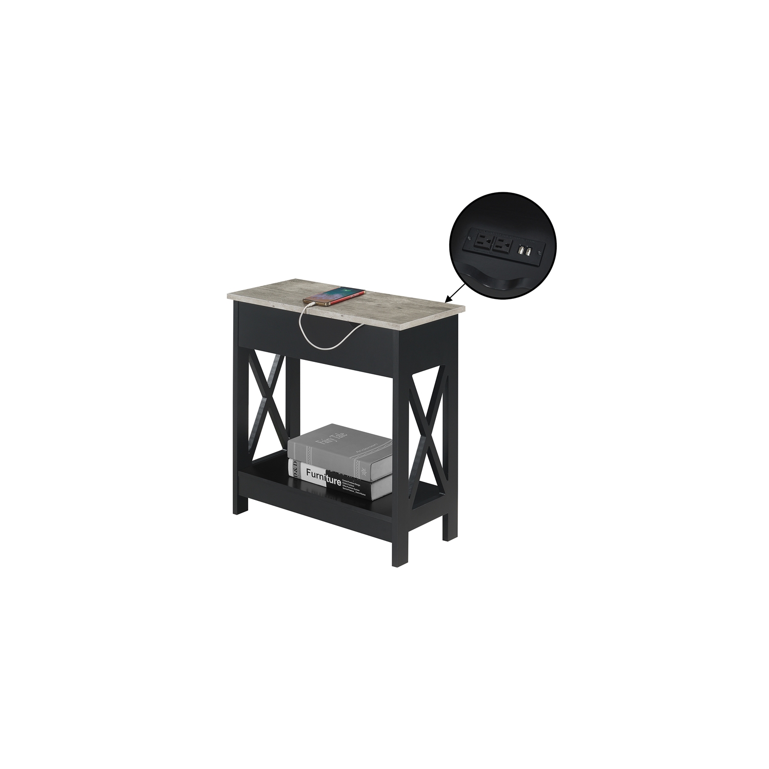 Oxford Flip-Top End Table with Charging Station and Shelf in Black Wood Finish