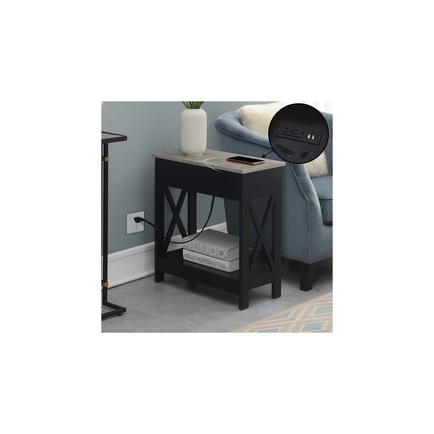 Oxford Flip-Top End Table with Charging Station and Shelf in Black Wood Finish