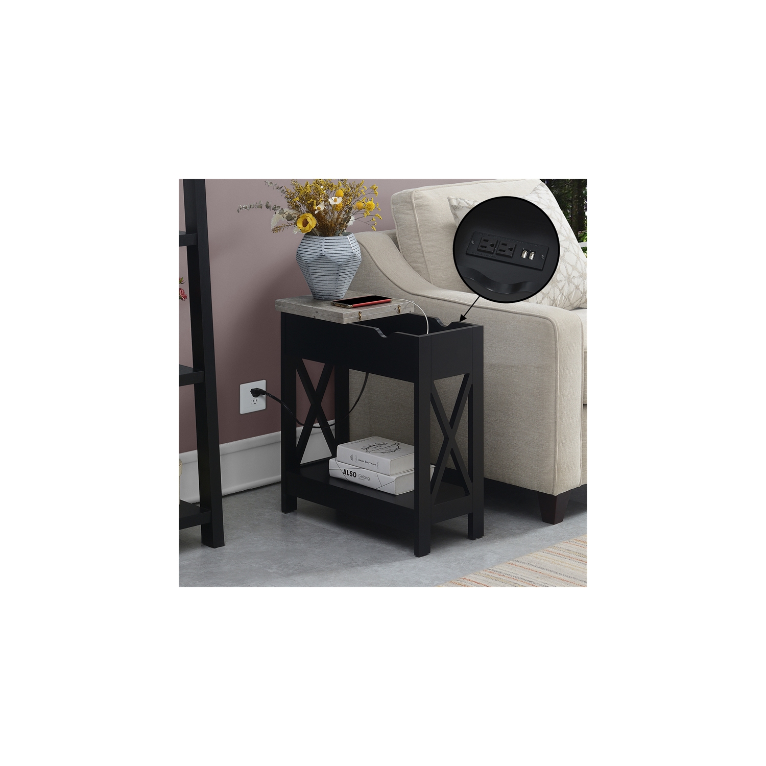 Oxford Flip-Top End Table with Charging Station and Shelf in Black Wood Finish