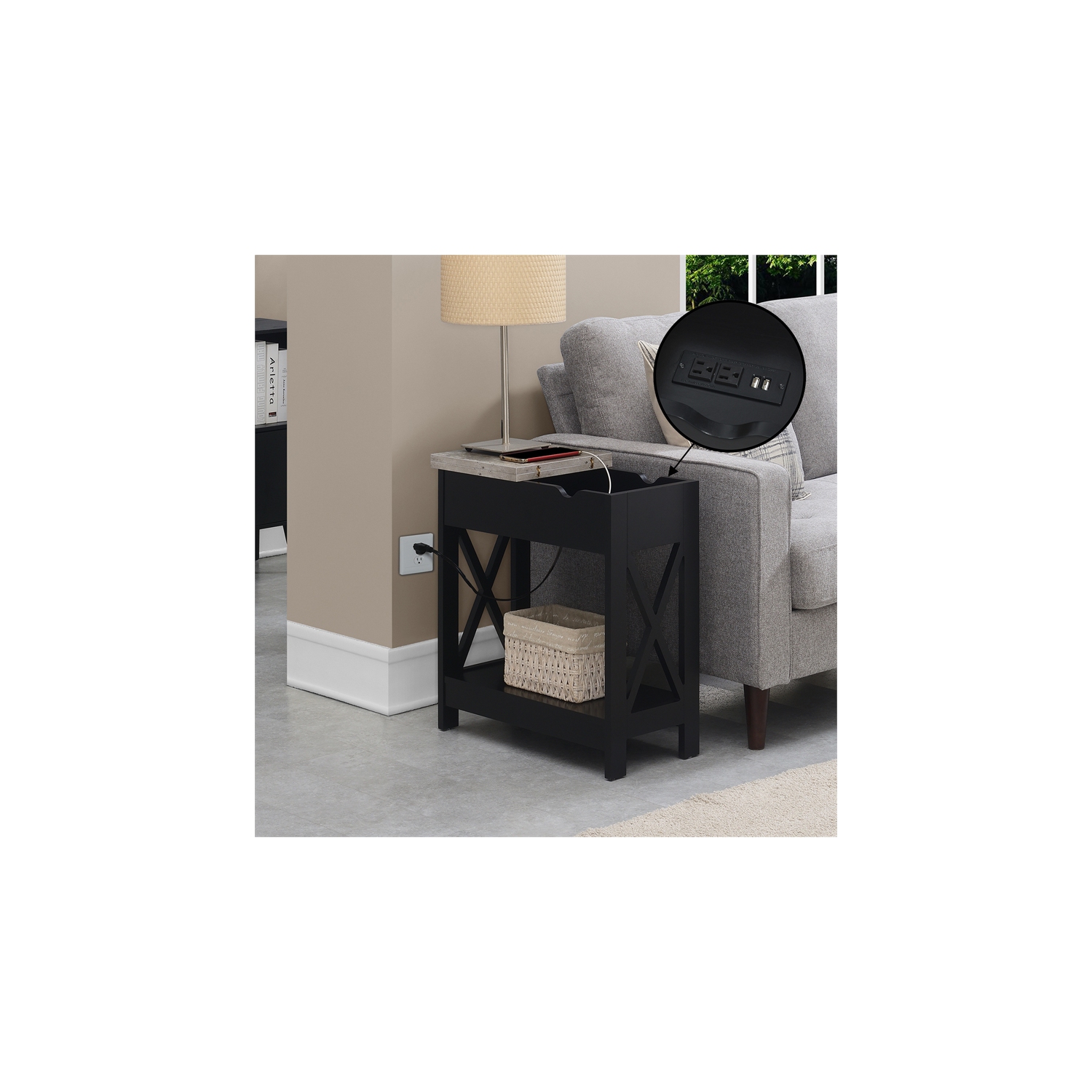 Oxford Flip-Top End Table with Charging Station and Shelf in Black Wood Finish