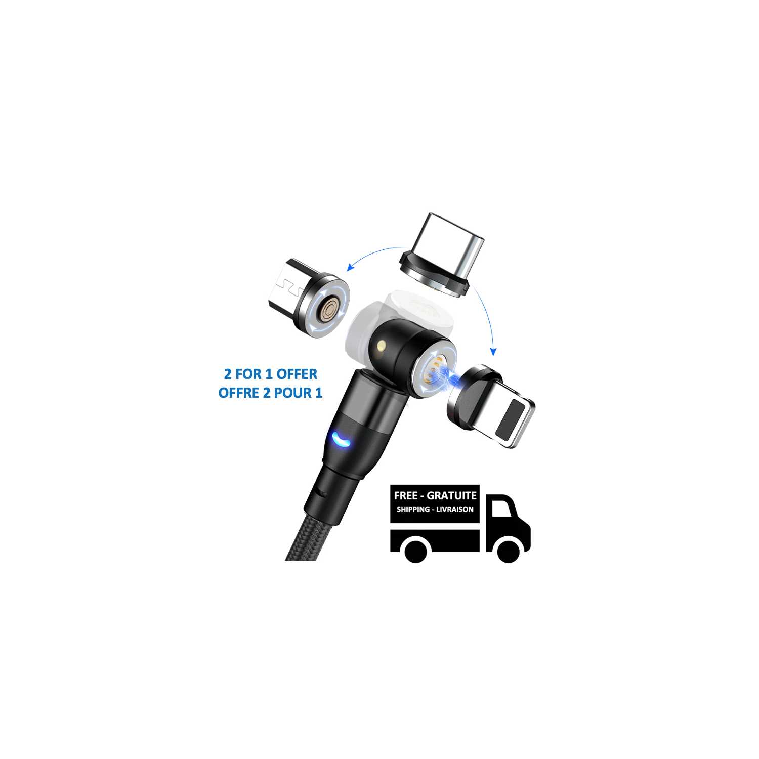 Stimula Lifestyle Magnetic Multi-Tip Charging Cable for iPhone, Android & Samsung Mobile Devices – USB-A to USB-C, Micro-USB & Lightning, 3