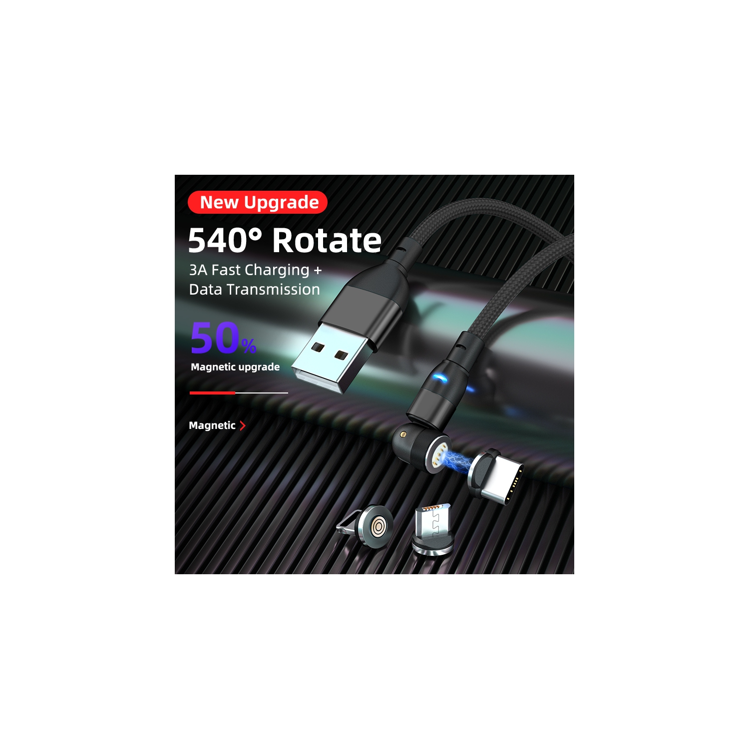 Stimula Lifestyle Magnetic Multi-Tip Charging Cable for iPhone, Android & Samsung Mobile Devices – USB-A to USB-C, Micro-USB & Lightning, 3