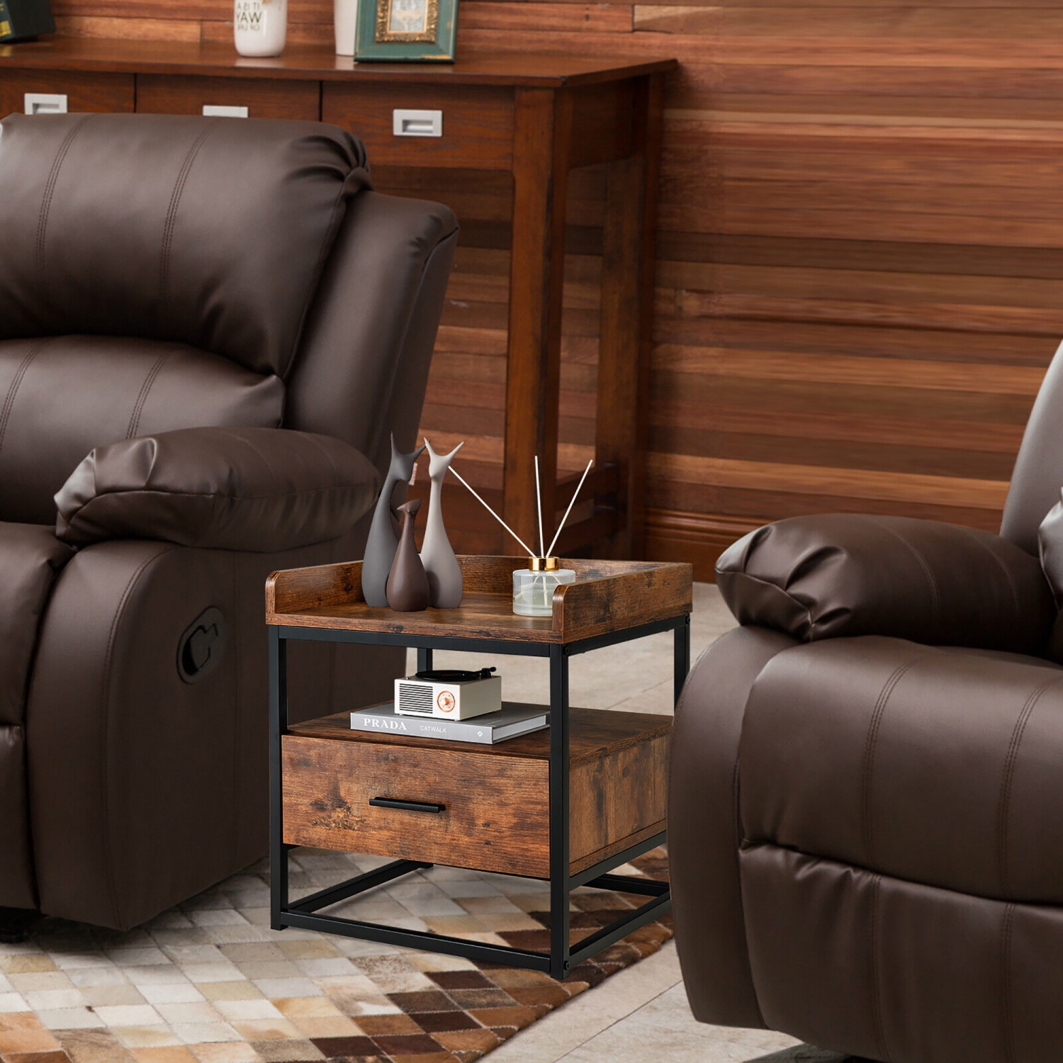 Gymax Nightstand Side End Sofa Table w/ Drawer Metal Frame for Living Room Bedroom