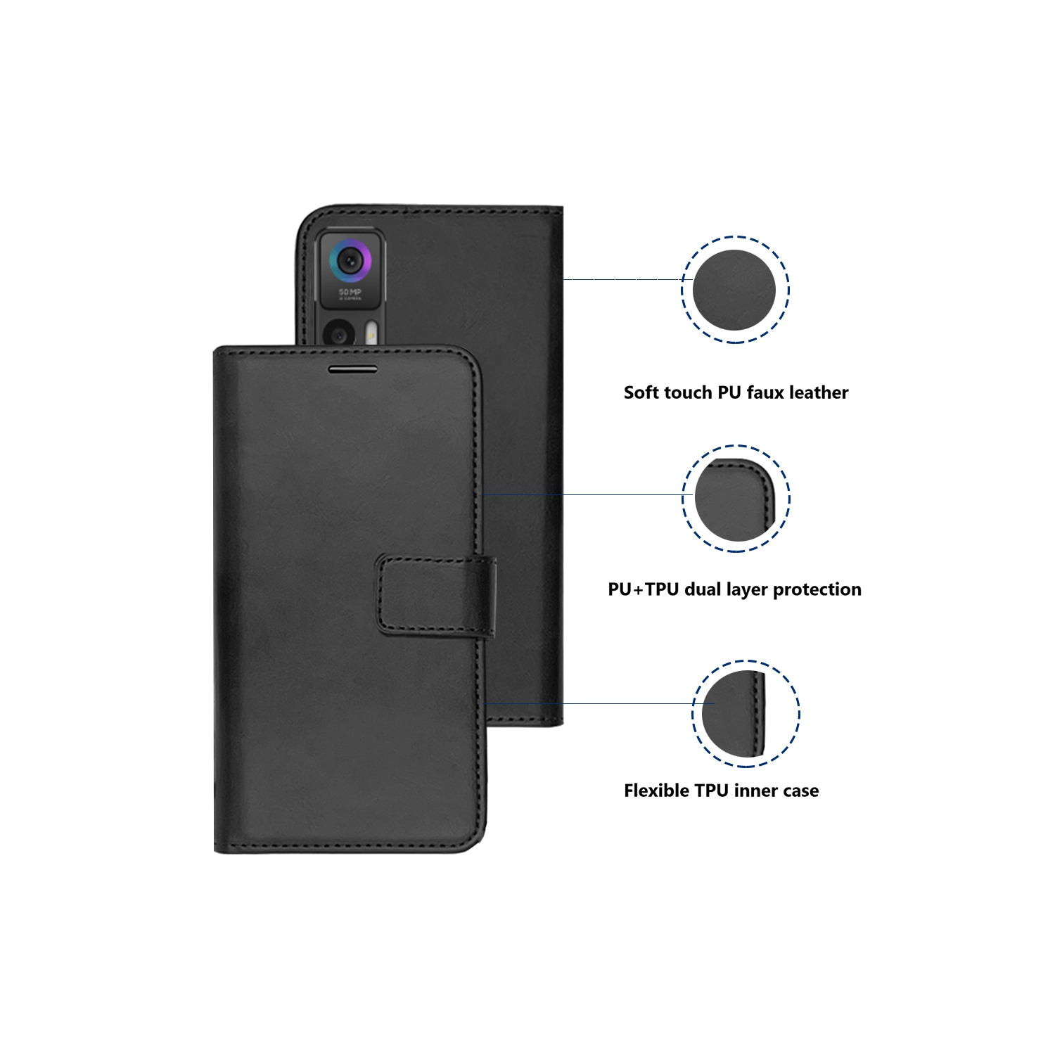 XCRS Folio Magnetic Wallet Cover, PU Leather Pouch with Card Slot and Stand Case for TCL 30 5G 2022