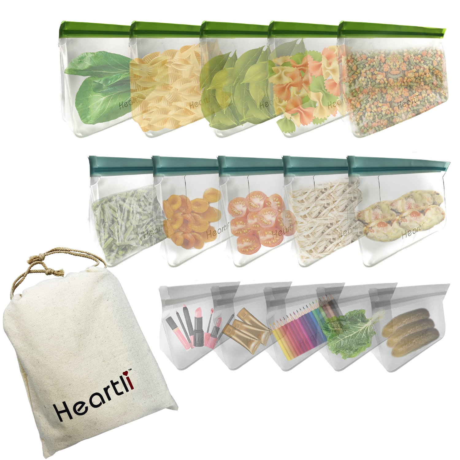 Heartli Eco-Friendly Food Grade Silicone Reusable Stand-Up Food Storage Bags - BPA-Free, Leak-Proof, Freezer Safe For Meat, Fruit, Veggies, More - 15 Pack Includes Bonus Cotton Bag