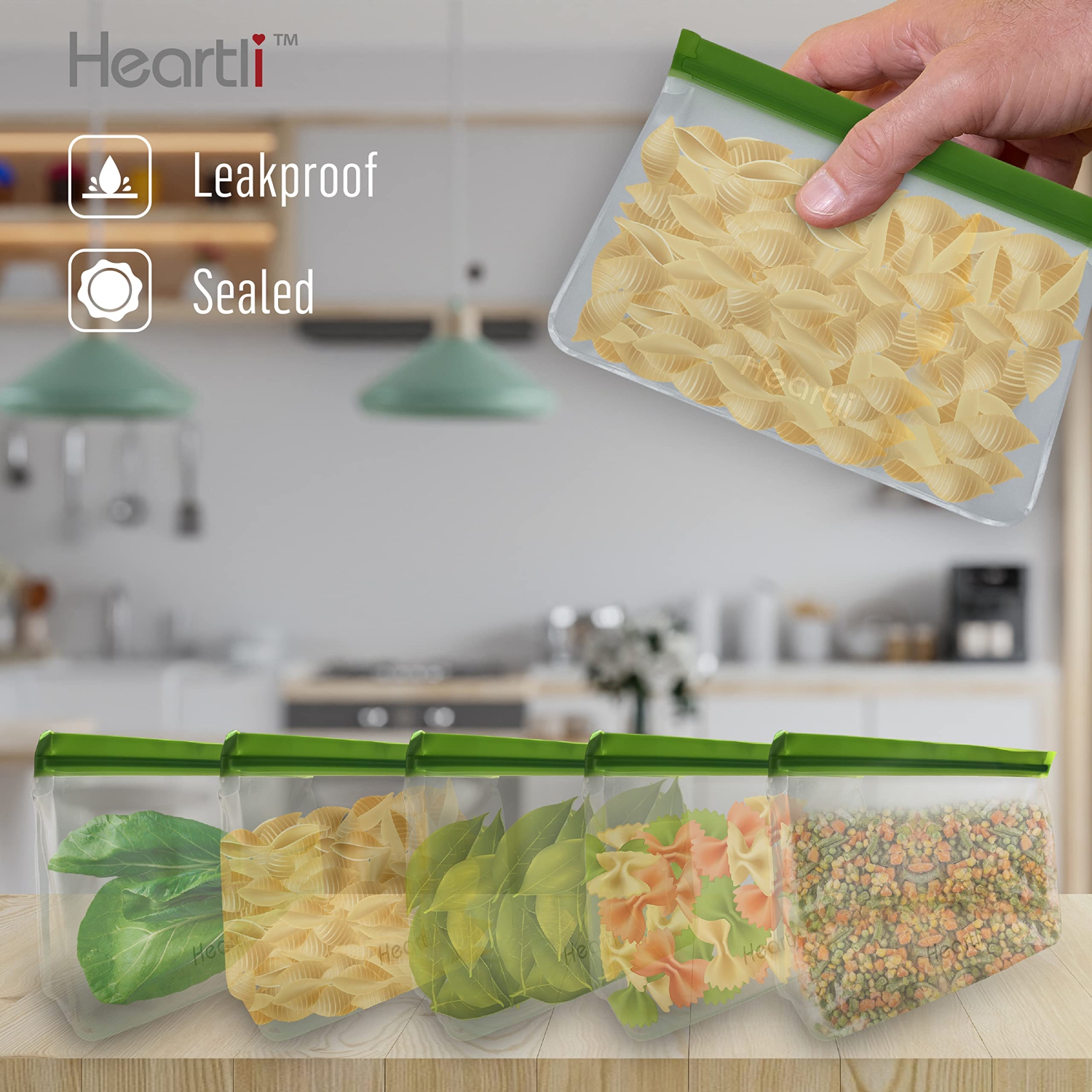 Heartli Eco-Friendly Food Grade Silicone Reusable Stand-Up Food Storage Bags - BPA-Free, Leak-Proof, Freezer Safe For Meat, Fruit, Veggies, Snacks