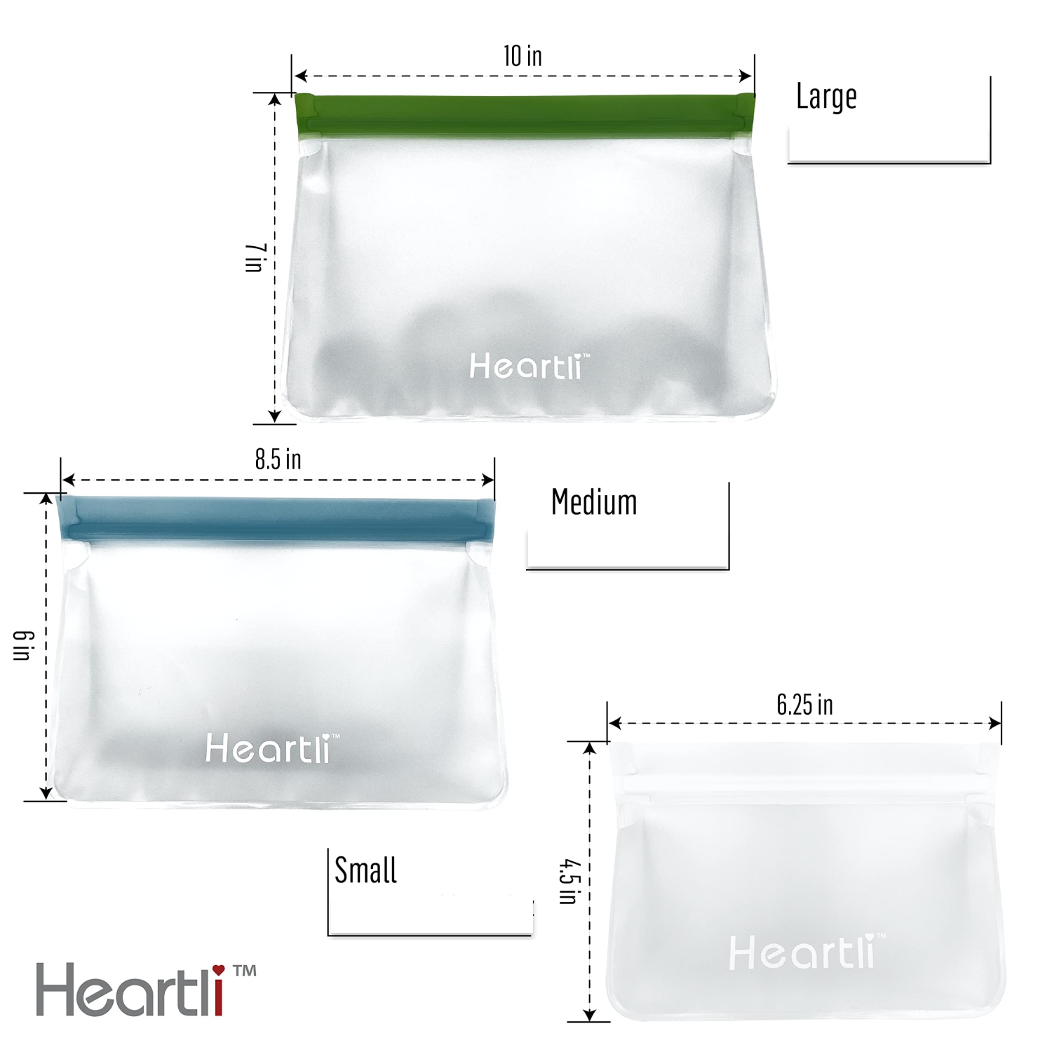 Heartli Eco-Friendly Food Grade Silicone Reusable Stand-Up Food Storage Bags - BPA-Free, Leak-Proof, Freezer Safe For Meat, Fruit, Veggies, Snacks
