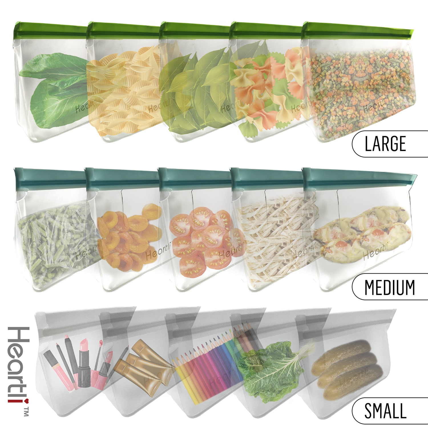 Heartli Eco-Friendly Food Grade Silicone Reusable Stand-Up Food Storage Bags - BPA-Free, Leak-Proof, Freezer Safe For Meat, Fruit, Veggies, Snacks