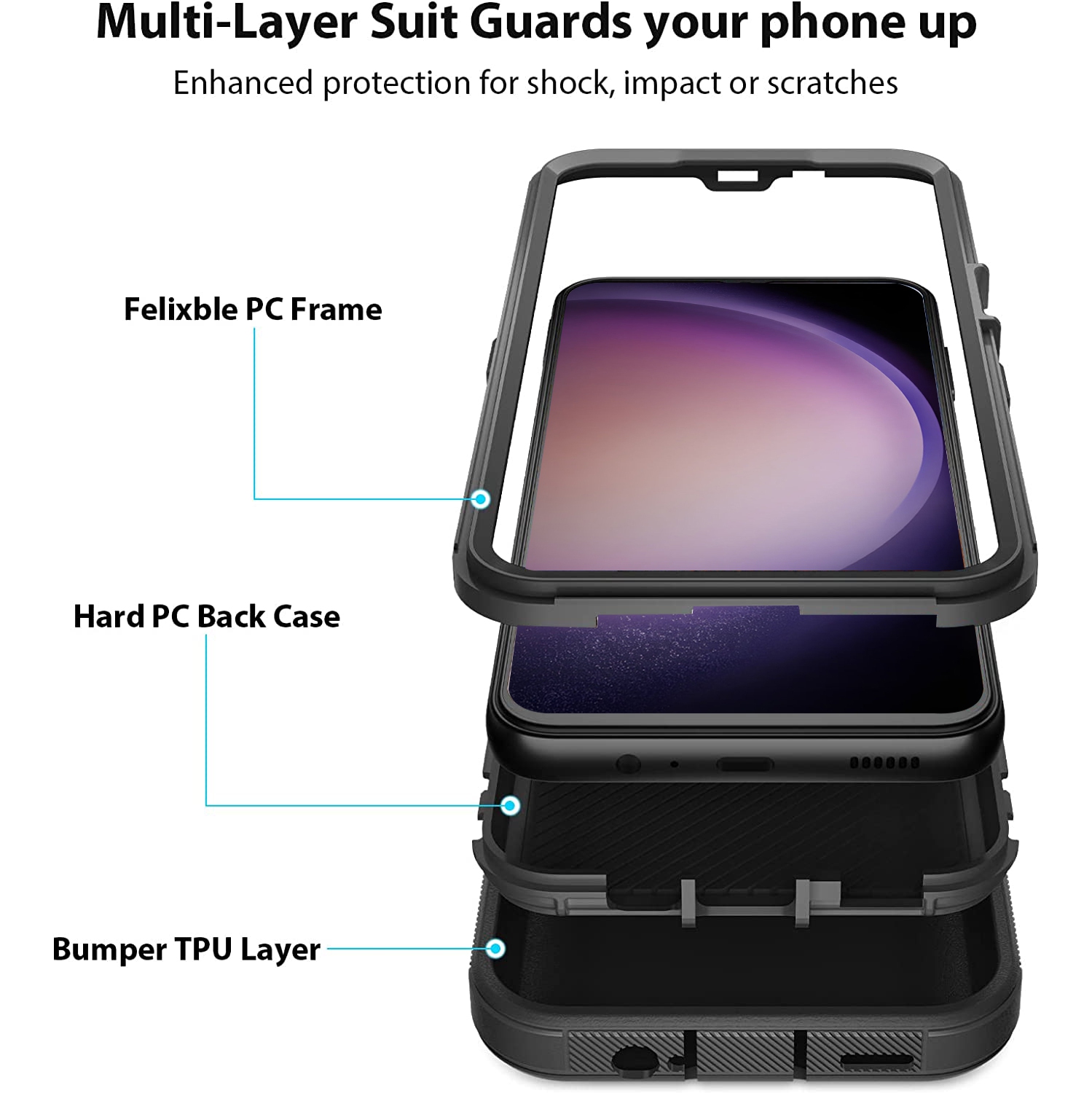 XCRS Heavy Duty Triple Layer Cover avec étui de protection antichoc pour Samsung Galaxy S23 2023