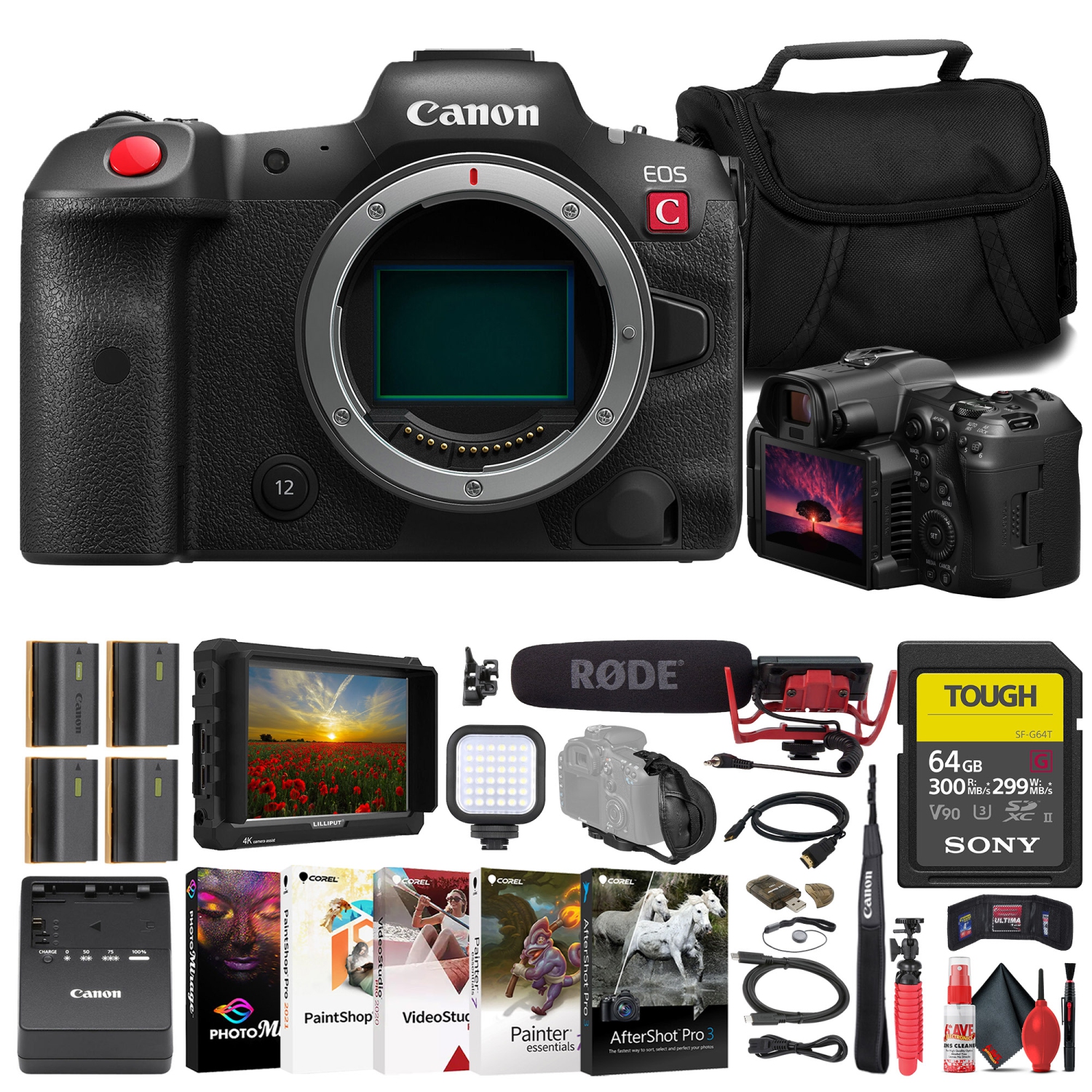 Canon EOS R5 C Mirrorless Cinema Camera + 4K Monitor + Mic + 64GB Card + Bag + More