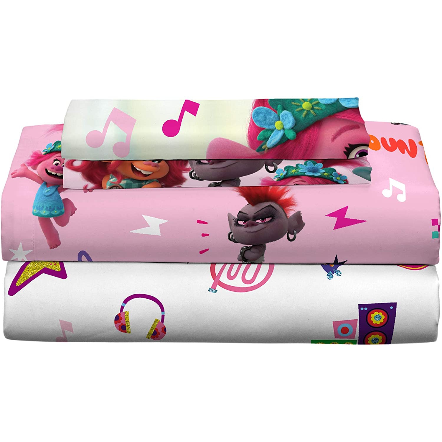 Trolls World Tour - Ensemble de draps Find Your Beat pour enfants - Ensemble de literie double multicolore à imprimé amoureux pour enfants - 4 pièces