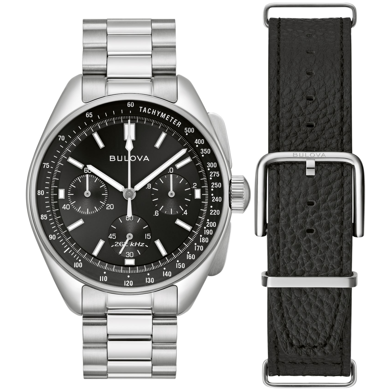 Bulova Mens Lunar Pilot HPQ Box-Set 43.5mm Silver-Tone Stainless Steel Case and Bracelet with Black Dial