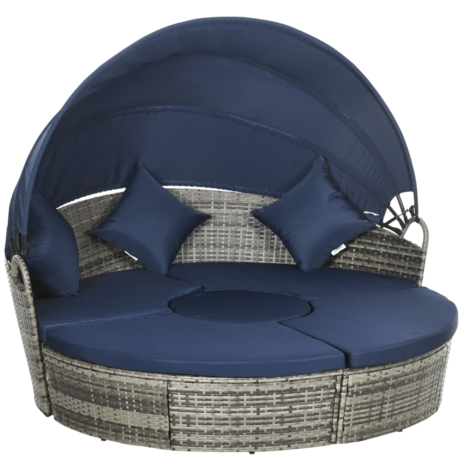 Lit de repos extérieur 4 pièces Outsunny avec auvent rétractable, canapé-lit rond en osier de polyéthylène, ensemble de patio modulaire avec coussins