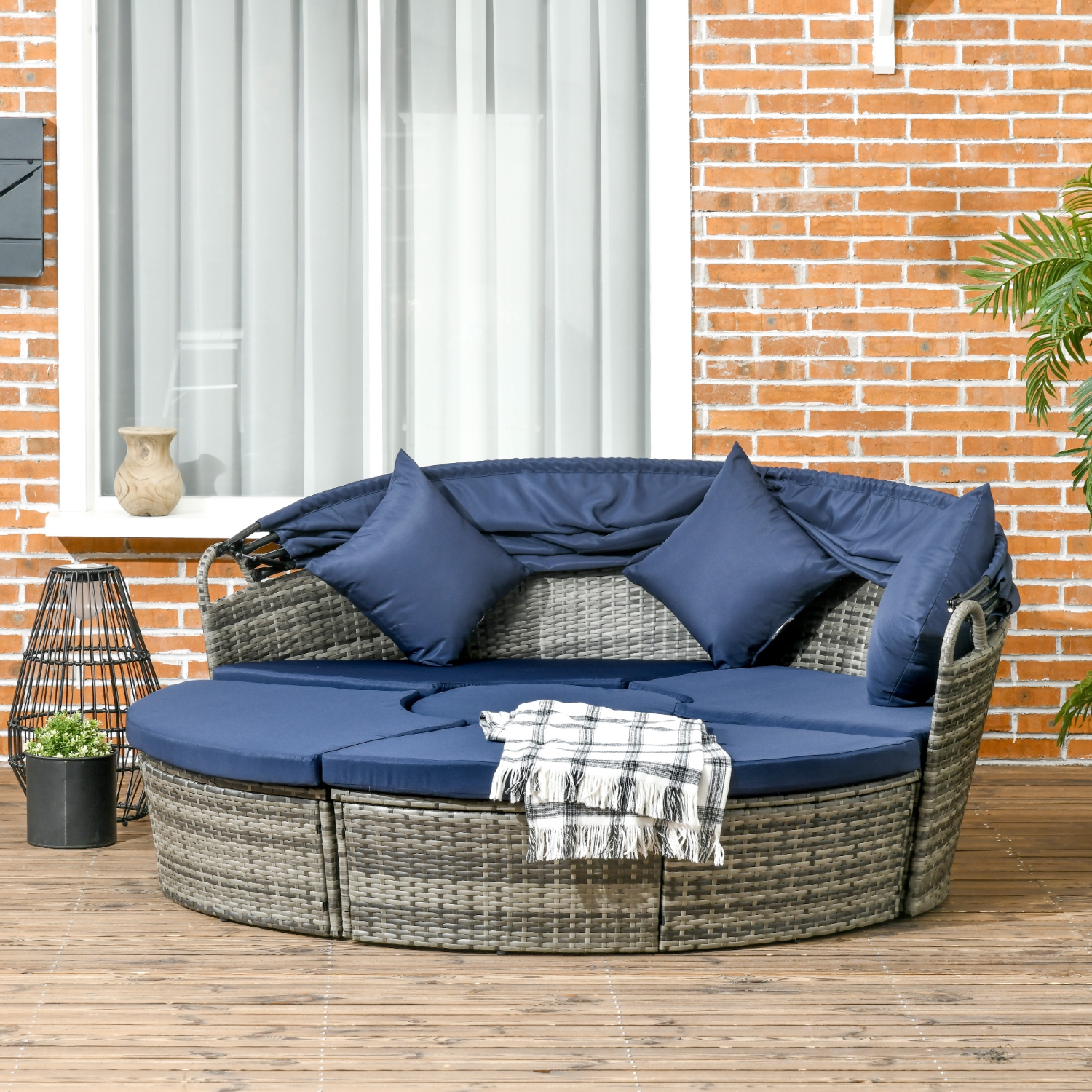 Lit de repos extérieur 4 pièces Outsunny avec auvent rétractable, canapé-lit rond en osier de polyéthylène, ensemble de patio modulaire avec coussins