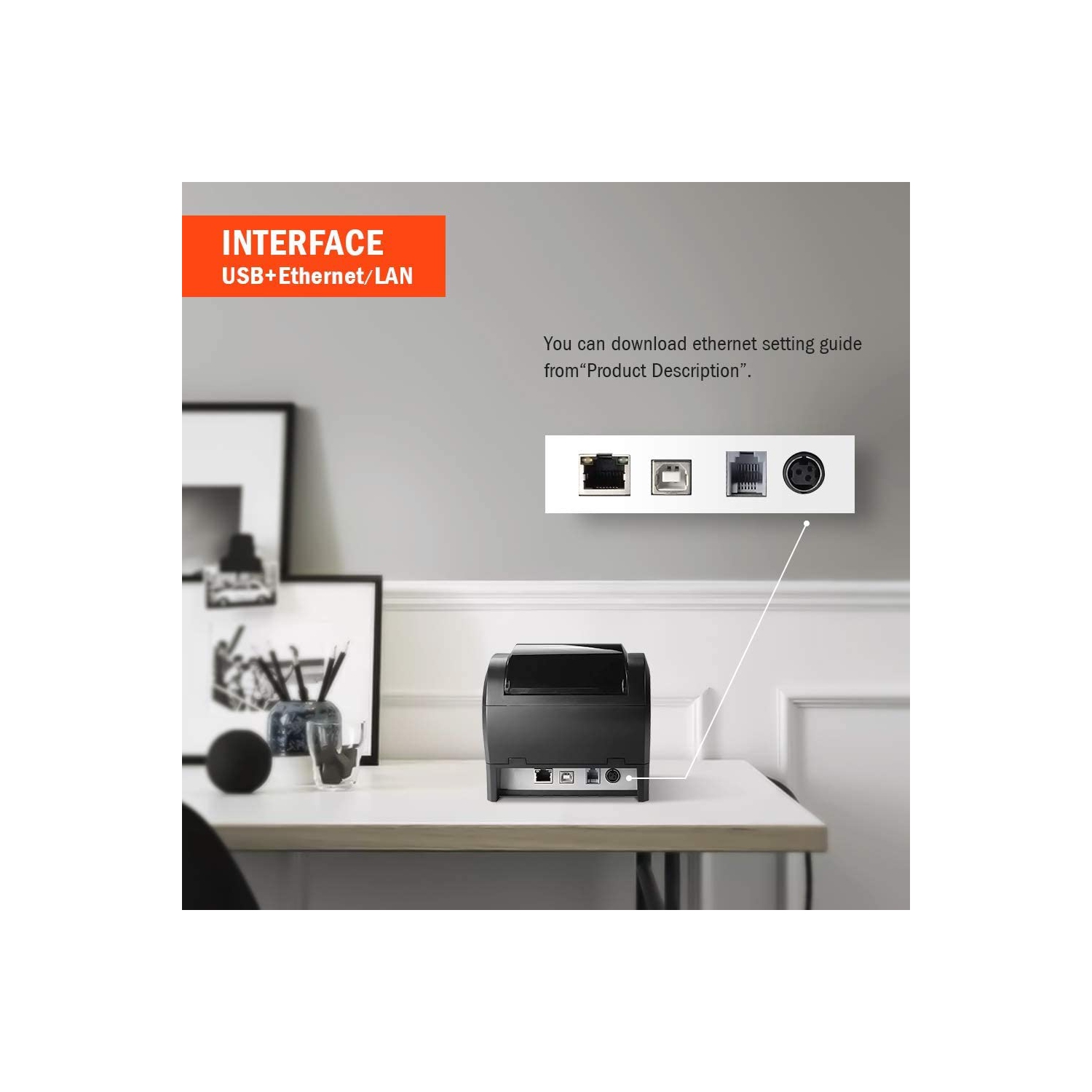 Boîte ouverte – imprimante de reçus MUNBYN 80 mm avec port Ethernet USB, imprimante de point de vente thermique avec coupe-papier automatique