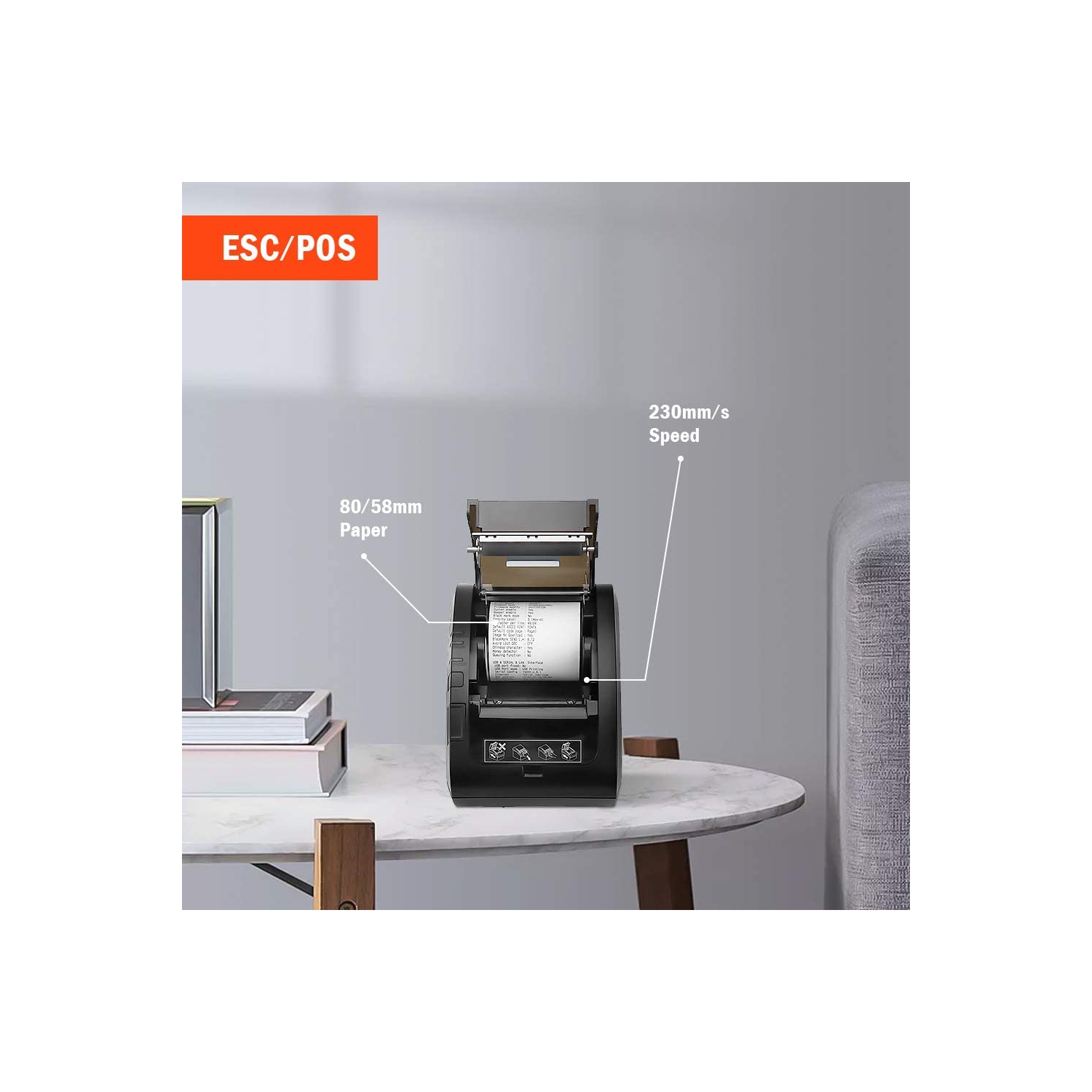 Boîte ouverte – imprimante de reçus MUNBYN 80 mm avec port Ethernet USB, imprimante de point de vente thermique avec coupe-papier automatique