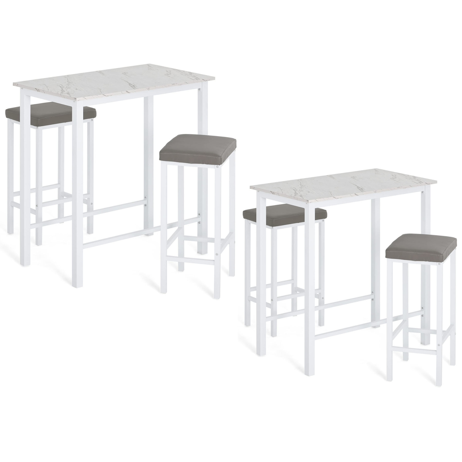 HOMOOI Two 3-Piece bar Table and Chairs Set, 2 Pack Faux Marble Kitchen Table Set with 4 Backless Stools, White