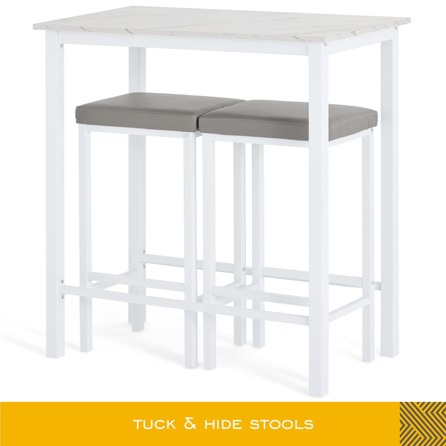 HOMOOI Two 3-Piece bar Table and Chairs Set, 2 Pack Faux Marble Kitchen Table Set with 4 Backless Stools, White