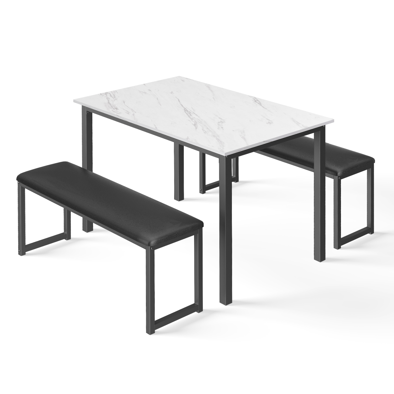 Ensemble de 3 tables de salle à manger 2 pièces de HOMOOI, ensemble de 2 tables en marbre de cuisine avec 4 bancs rembourrés en similicuir, blanc