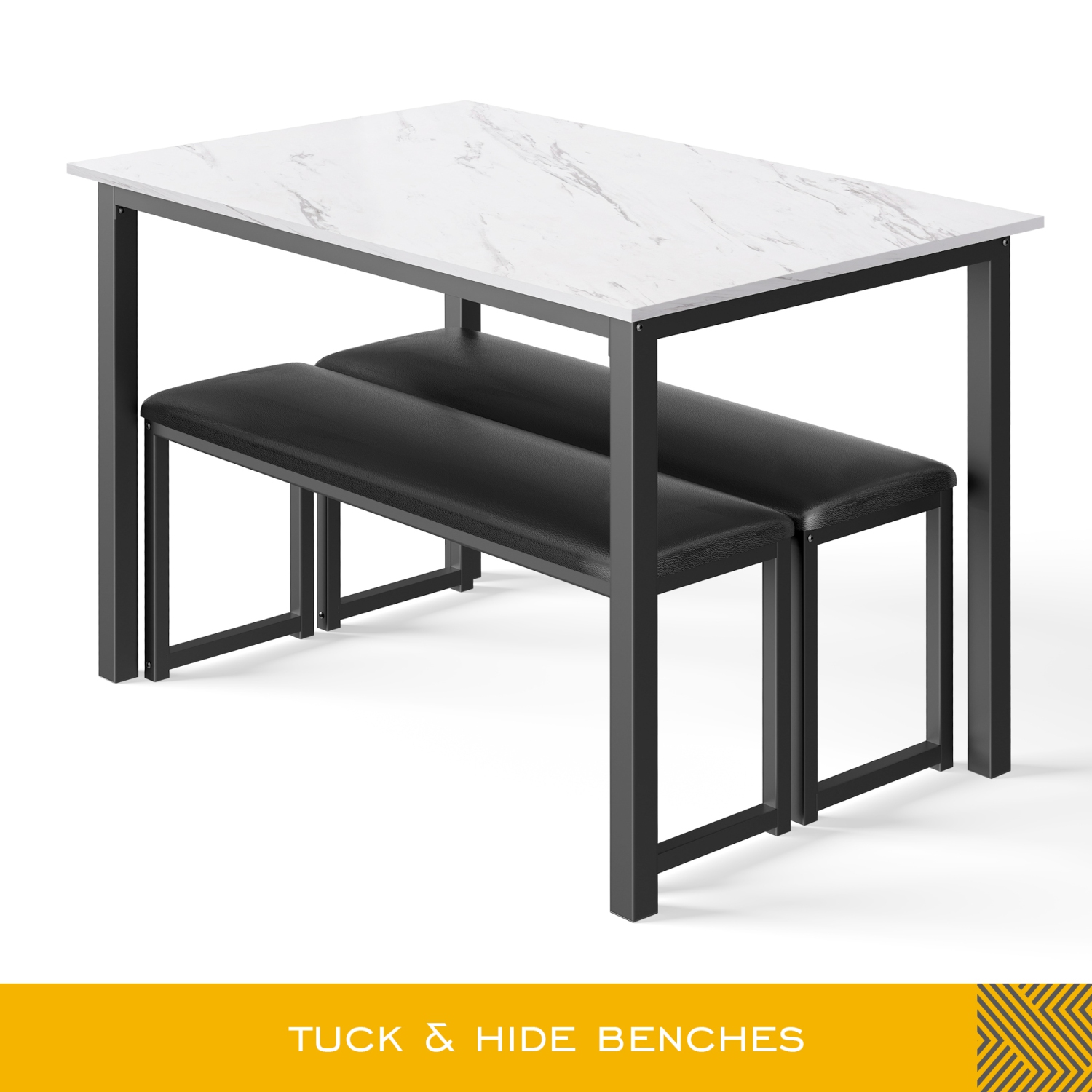 Ensemble de 3 tables de salle à manger 2 pièces de HOMOOI, ensemble de 2 tables en marbre de cuisine avec 4 bancs rembourrés en similicuir, blanc