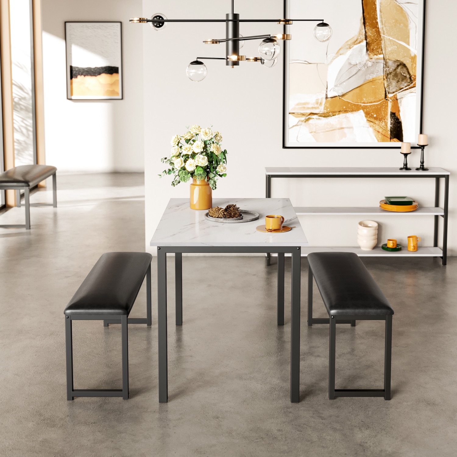 Ensemble de 3 tables de salle à manger 2 pièces de HOMOOI, ensemble de 2 tables en marbre de cuisine avec 4 bancs rembourrés en similicuir, blanc