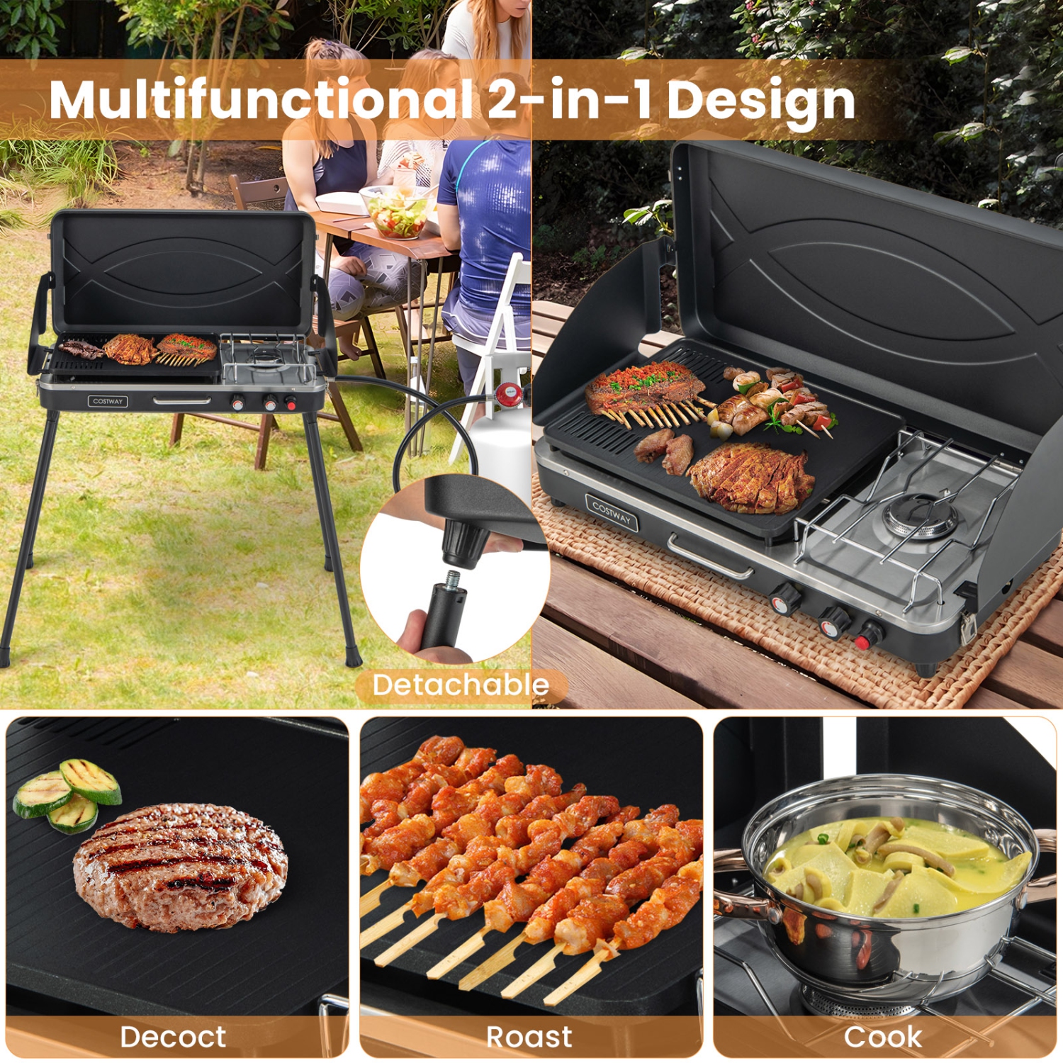Costway 2-in-1 Propane Grill 2 Burner Camping Gas Stove Portable w/ Removable Leg