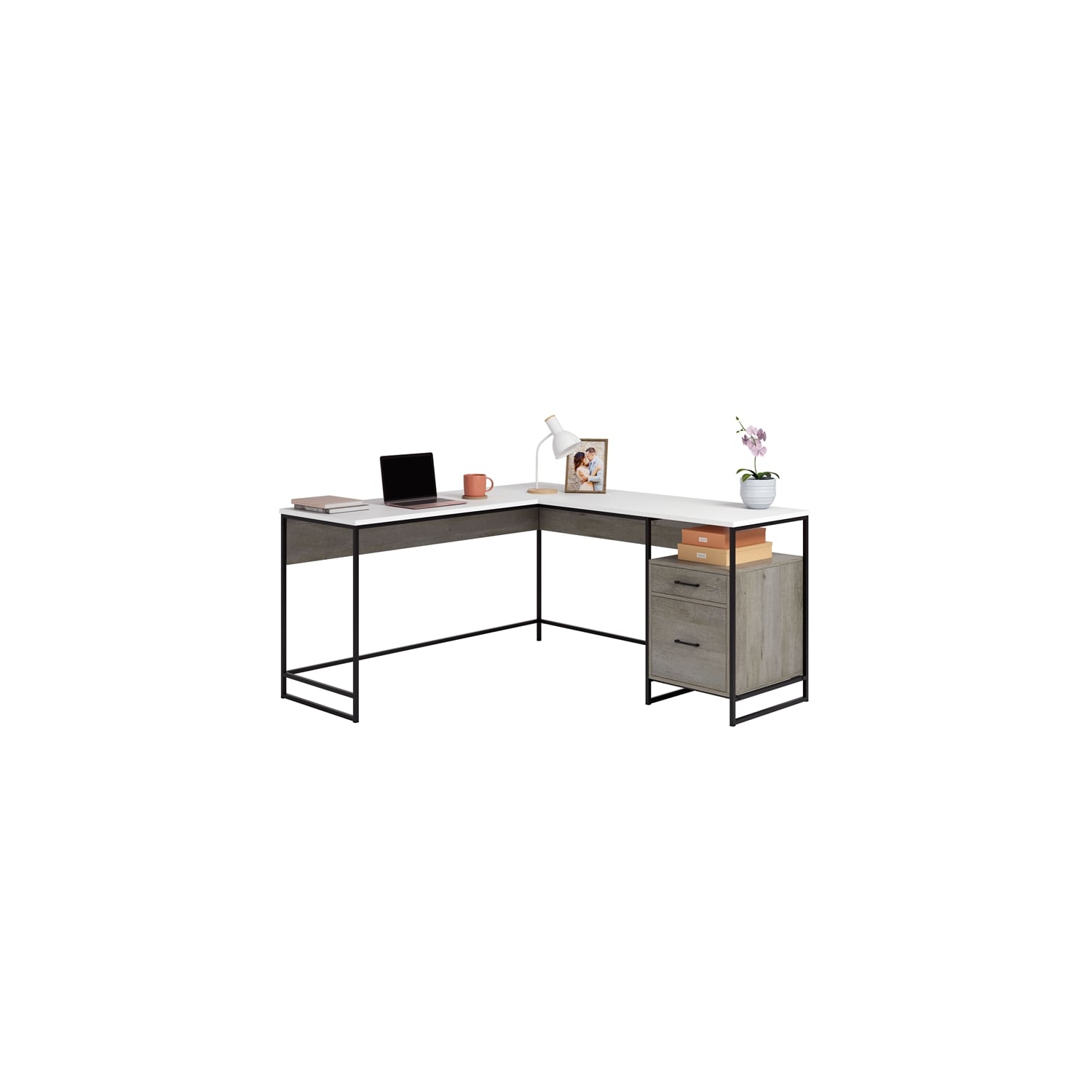 Sauder Tremont Row Engineered Wood/Metal L-Desk in Mystic Oak