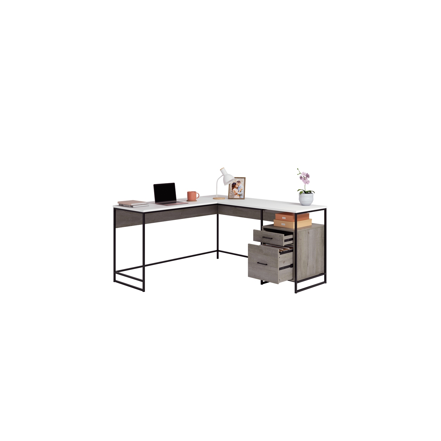 Sauder Tremont Row Engineered Wood/Metal L-Desk in Mystic Oak