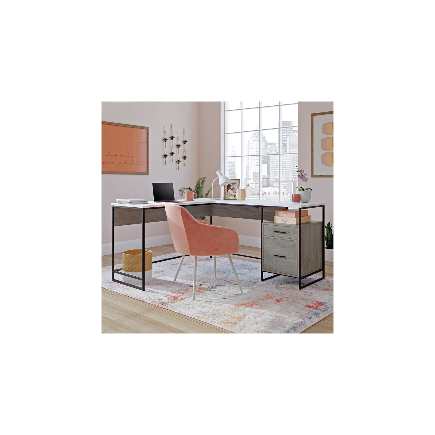 Sauder Tremont Row Engineered Wood/Metal L-Desk in Mystic Oak