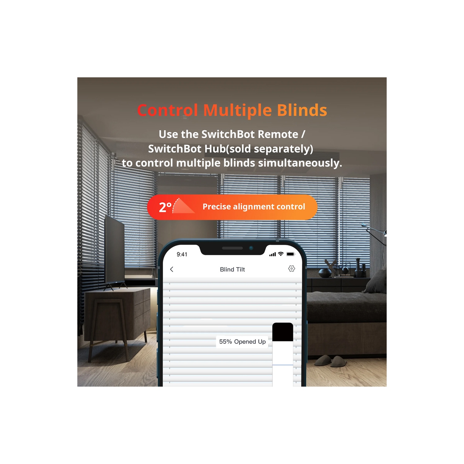 SwitchBot Blind Tilt | Smart Electric Blinds with Bluetooth Remote Control, Solar Powered, Light Sensing Control