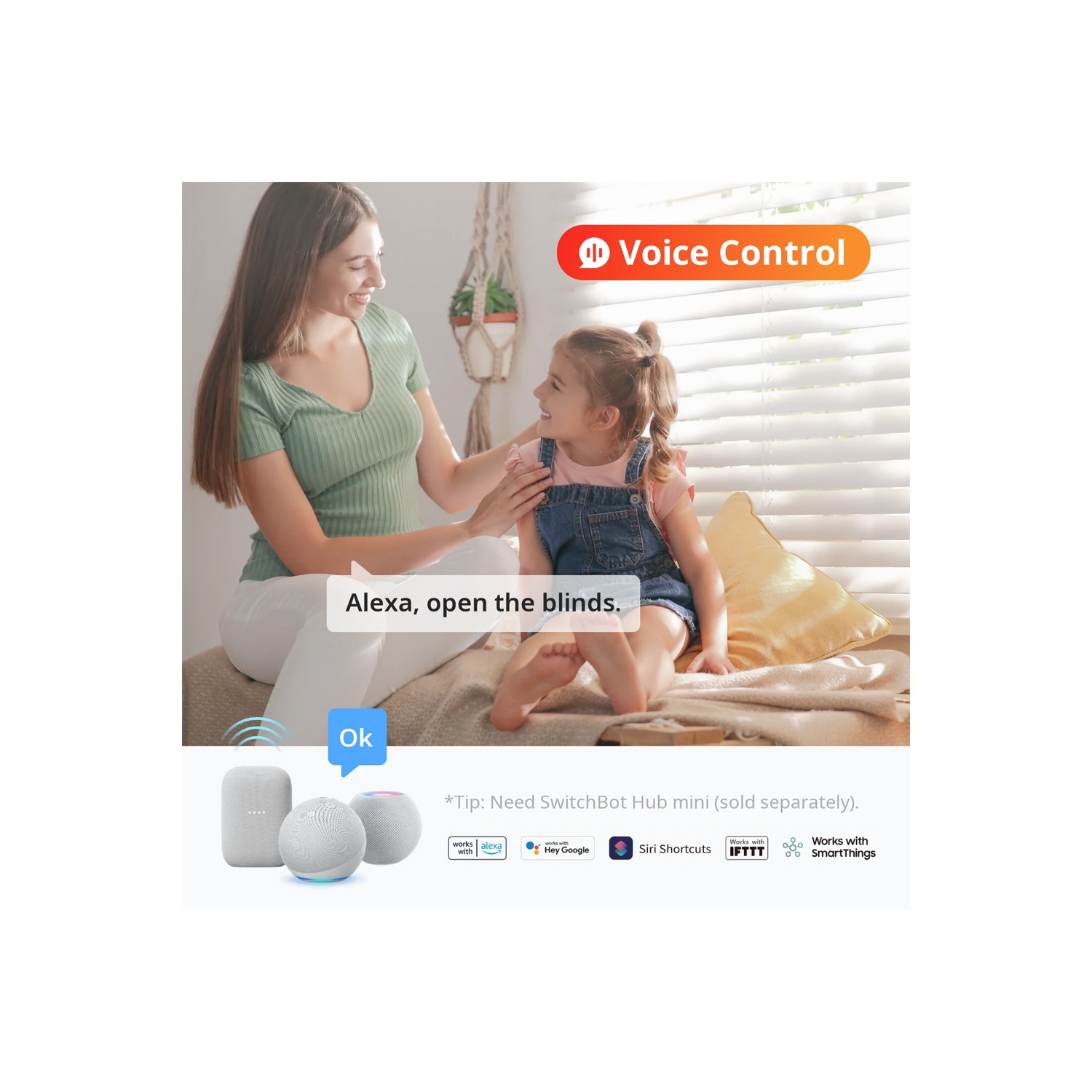 SwitchBot Blind Tilt | Smart Electric Blinds with Bluetooth Remote Control, Solar Powered, Light Sensing Control