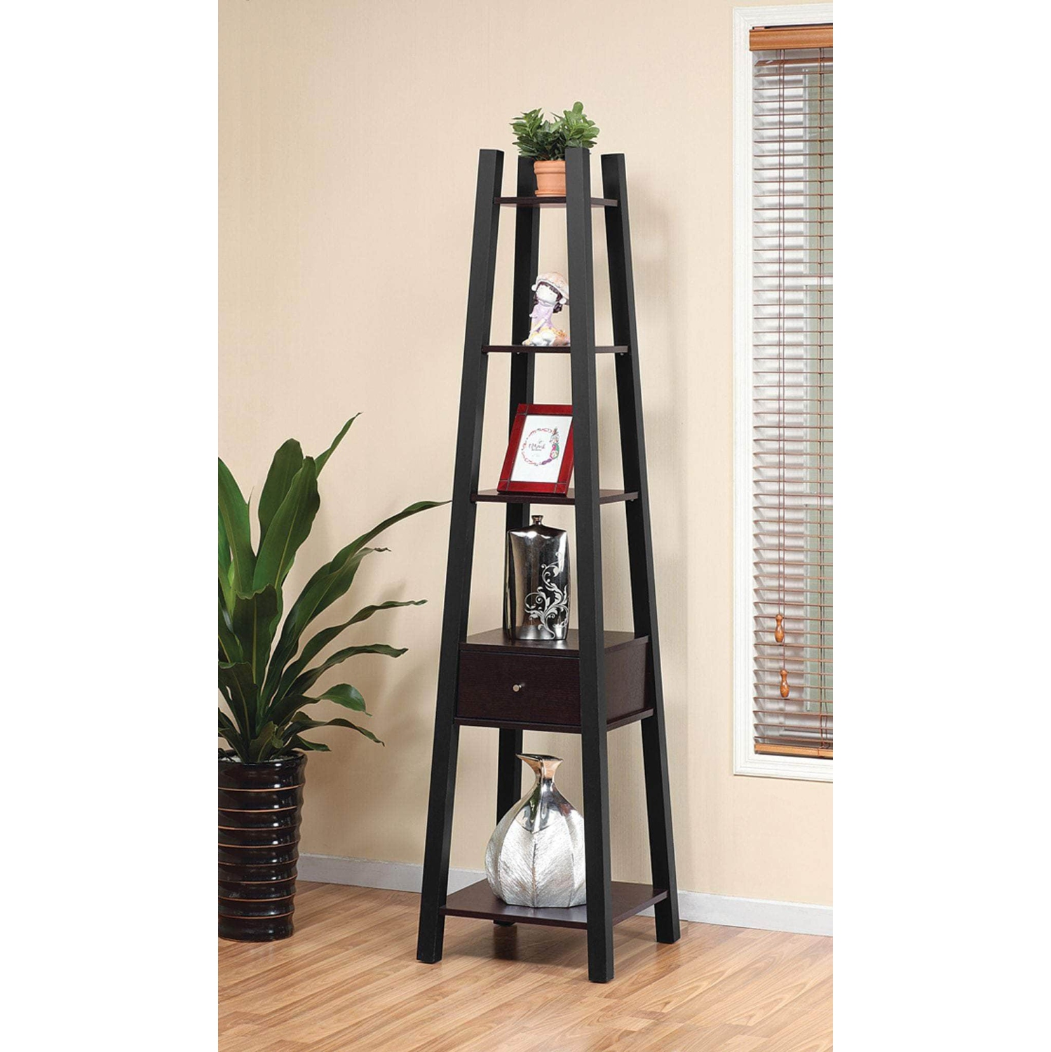 Brassex Inc. 4-Tier Display Shelf with Storage Drawer in Dark Cherry