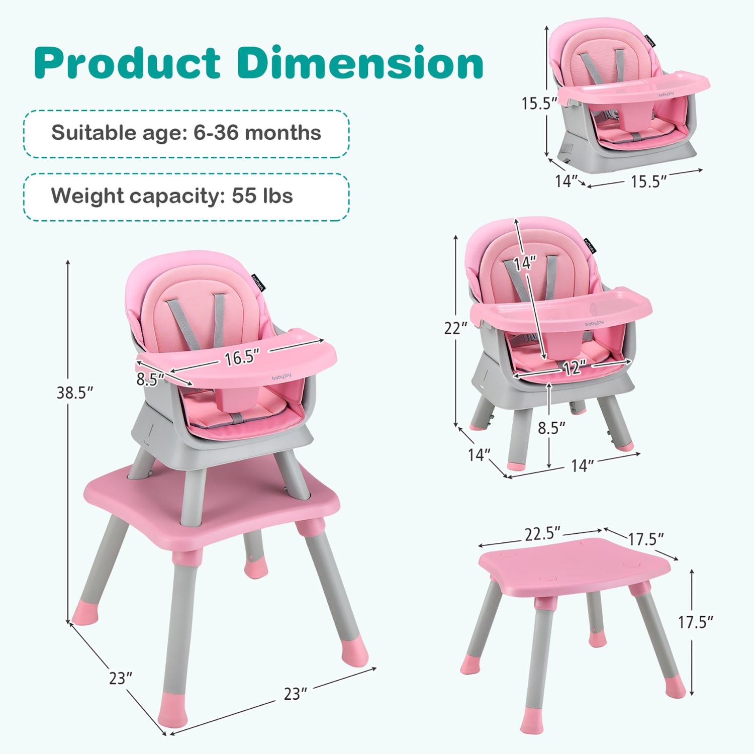 Babyjoy 8-in-1 Baby High Chair Convertible Dining Booster Seat with Removable Tray Grey/Pink/Yellowith Strip