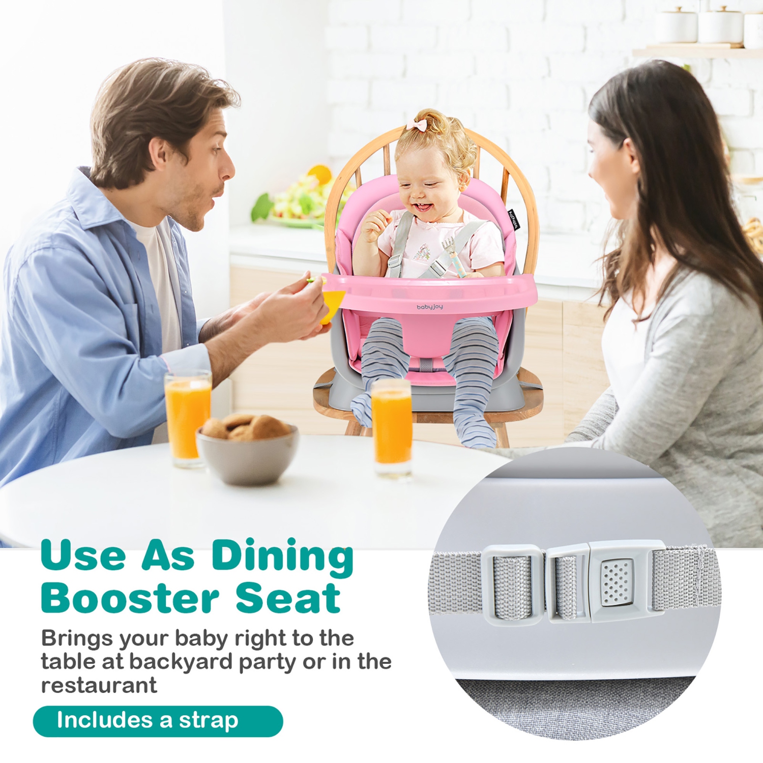 Babyjoy 8-in-1 Baby High Chair Convertible Dining Booster Seat with Removable Tray Grey/Pink/Yellowith Strip