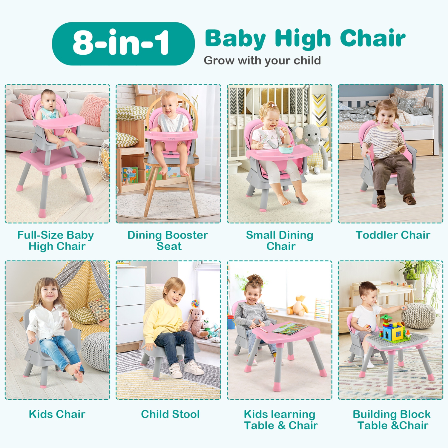 Babyjoy 8-in-1 Baby High Chair Convertible Dining Booster Seat with Removable Tray Grey/Pink/Yellowith Strip