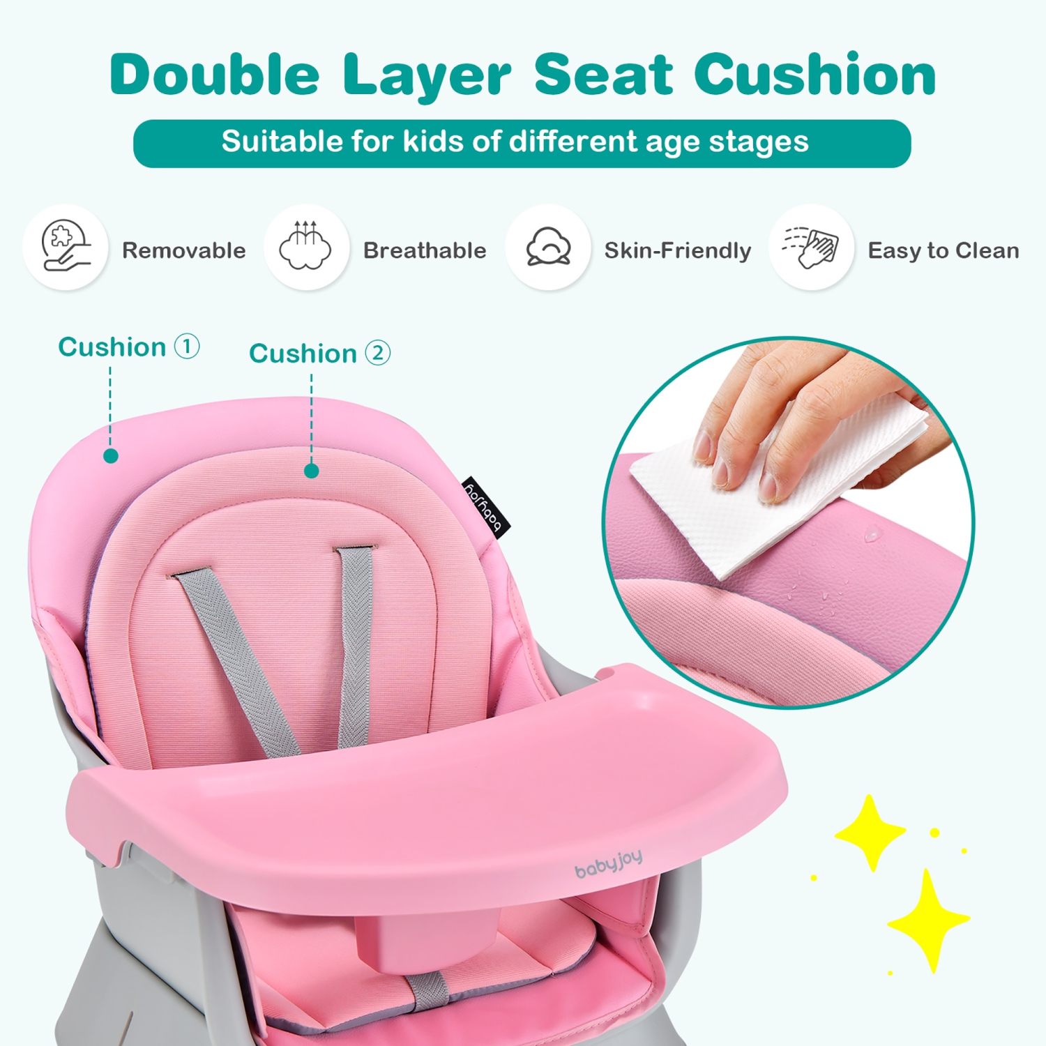 Babyjoy 8-in-1 Baby High Chair Convertible Dining Booster Seat with Removable Tray Grey/Pink/Yellowith Strip