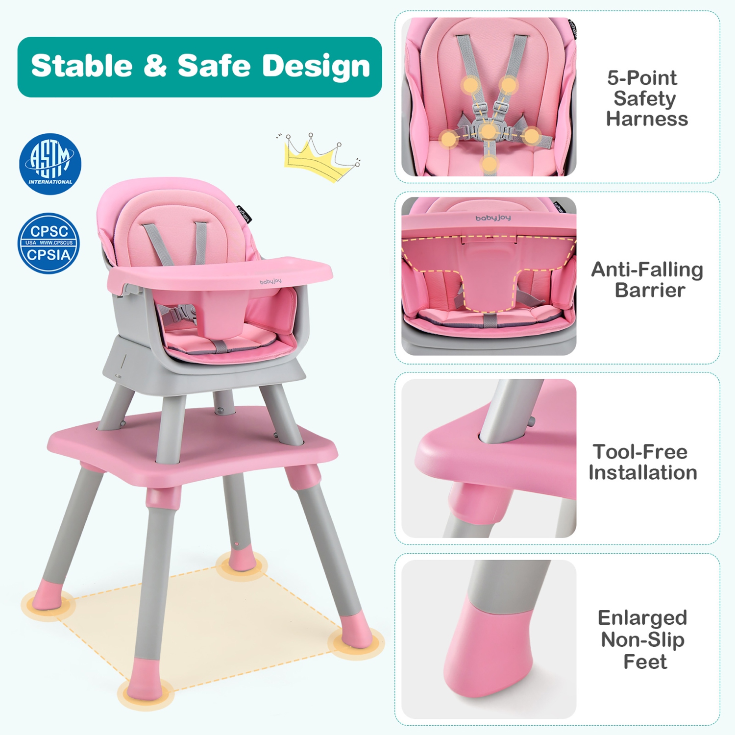 Babyjoy 8-in-1 Baby High Chair Convertible Dining Booster Seat with Removable Tray Grey/Pink/Yellowith Strip