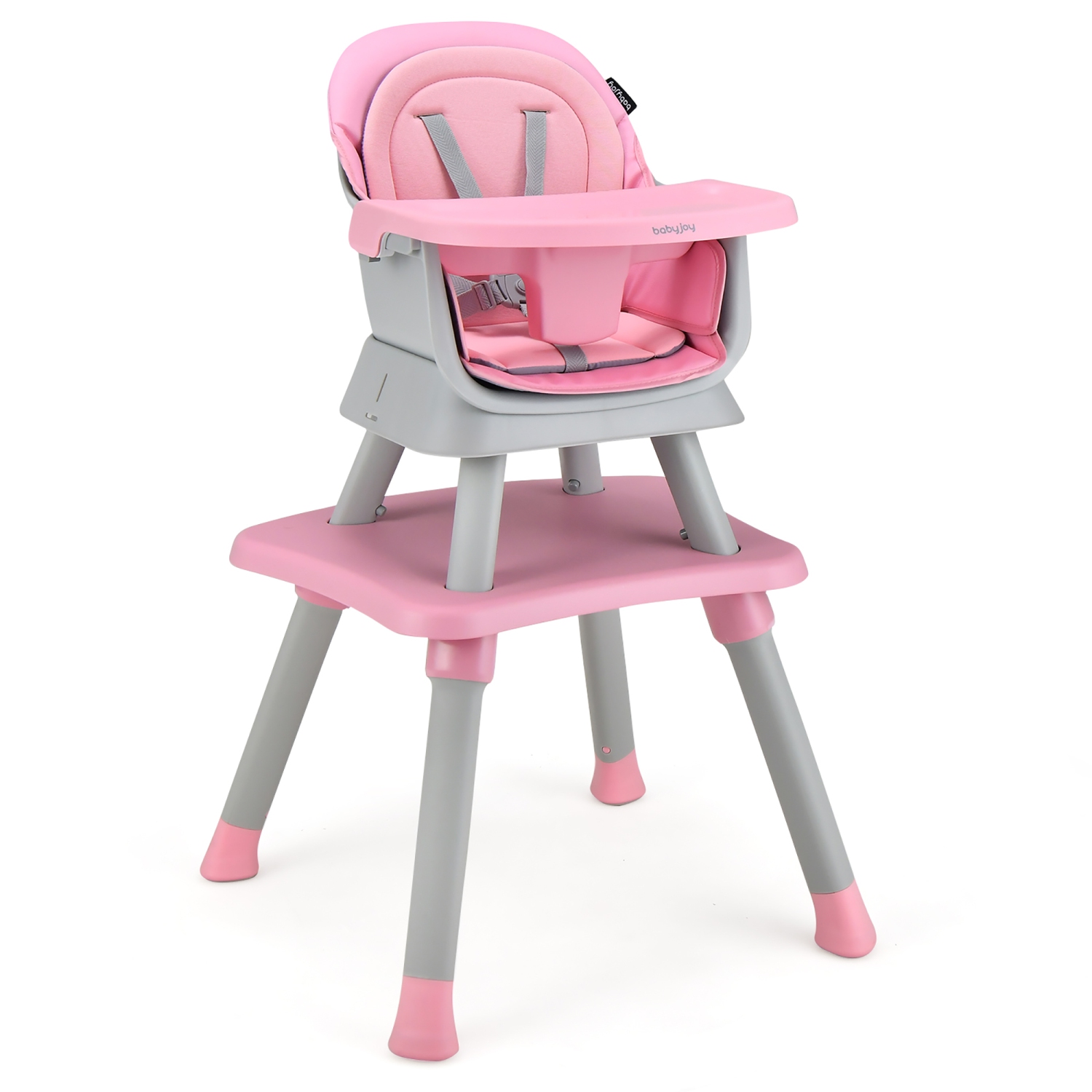Babyjoy 8-in-1 Baby High Chair Convertible Dining Booster Seat with Removable Tray Grey/Pink/Yellowith Strip