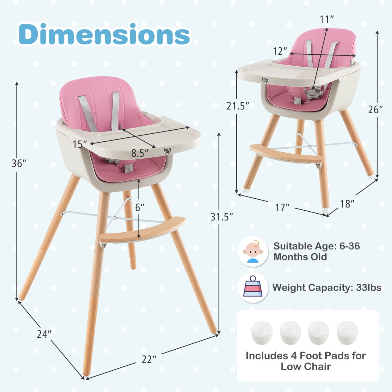 Costway 3 in 1 Convertible Wooden High Chair Baby Toddler Highchair w/ Cushion