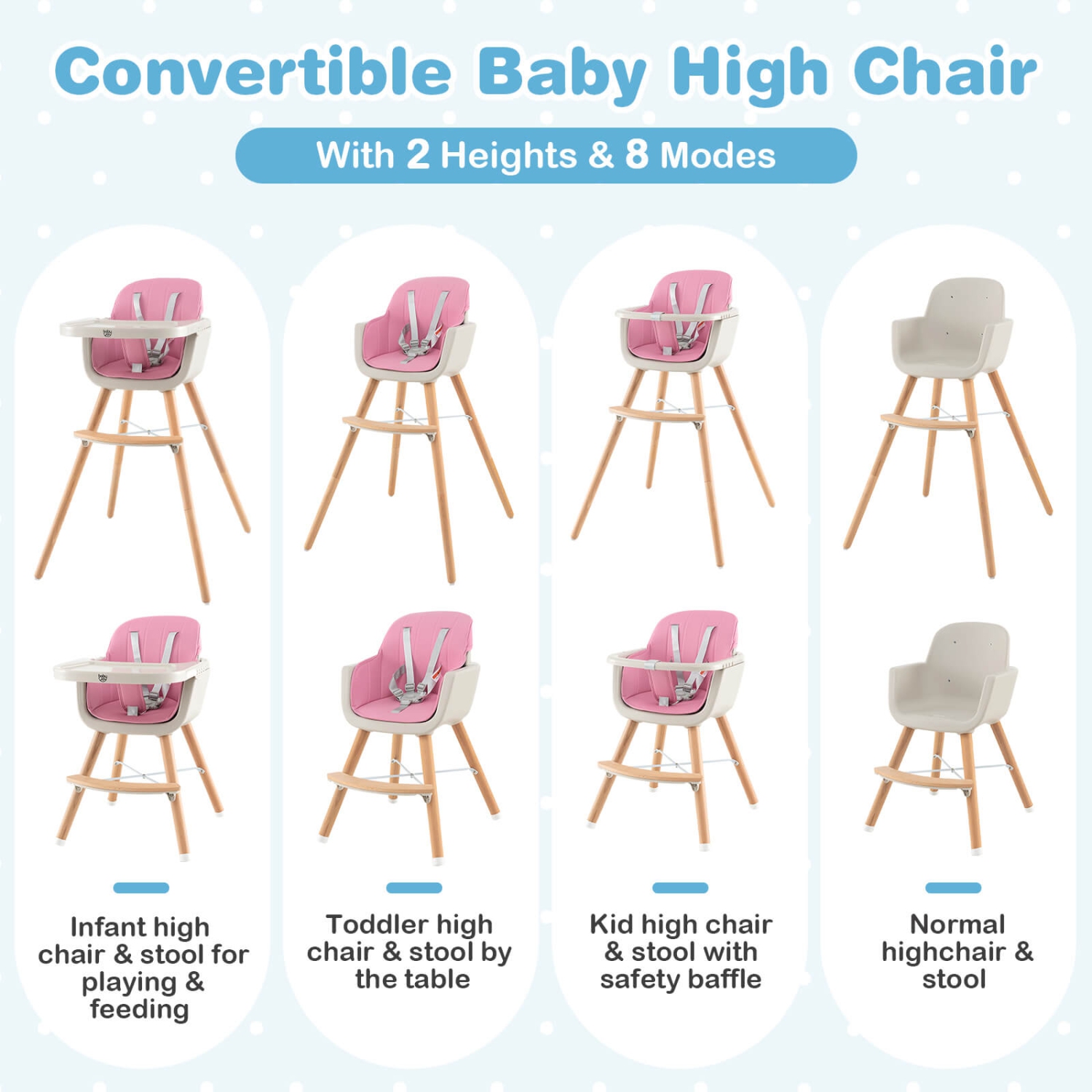 Costway 3 in 1 Convertible Wooden High Chair Baby Toddler Highchair w/ Cushion