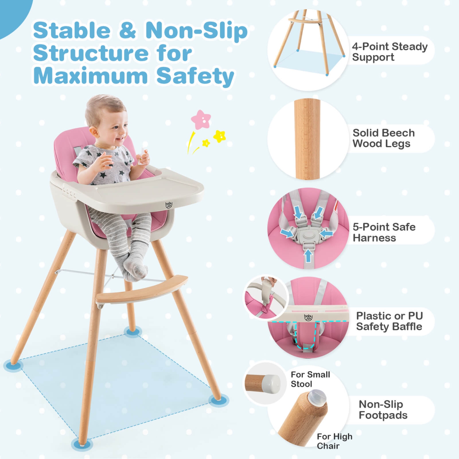 Costway 3 in 1 Convertible Wooden High Chair Baby Toddler Highchair w/ Cushion