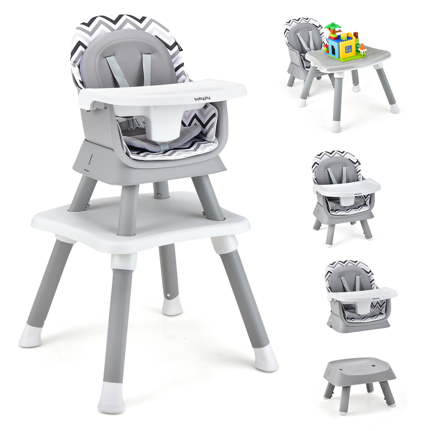 Babyjoy 8-in-1 Baby High Chair Convertible Dining Booster Seat with Removable Tray Grey/Pink/Yellowith Strip