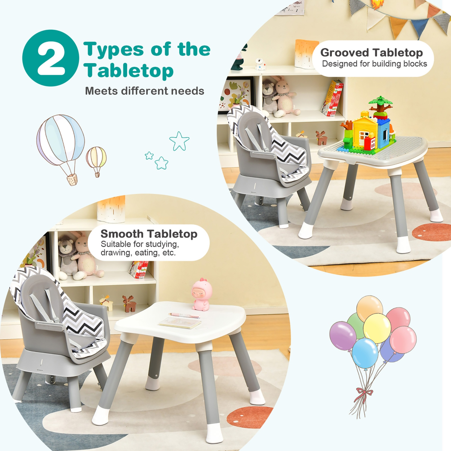 Babyjoy 8-in-1 Baby High Chair Convertible Dining Booster Seat with Removable Tray Grey/Pink/Yellowith Strip