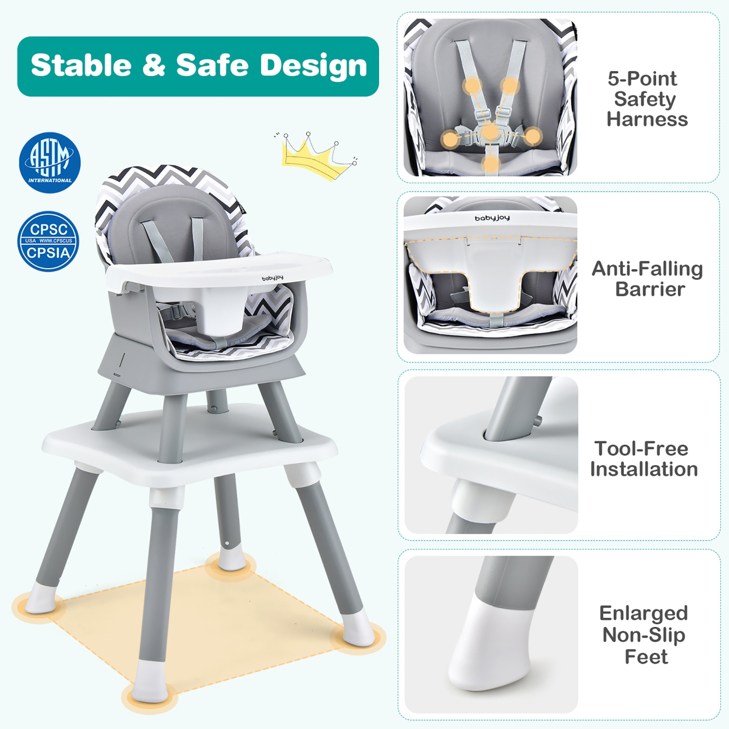 Babyjoy 8-in-1 Baby High Chair Convertible Dining Booster Seat with Removable Tray Grey/Pink/Yellowith Strip