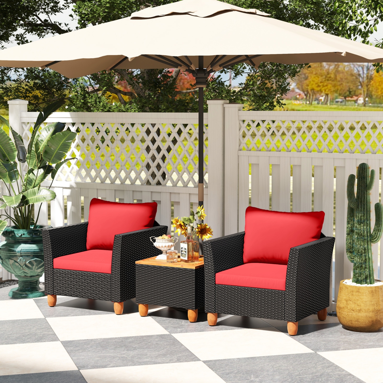 Costway 3PCS Patio Rattan Furniture Set Cushioned Sofa Storage Table with Wood Top