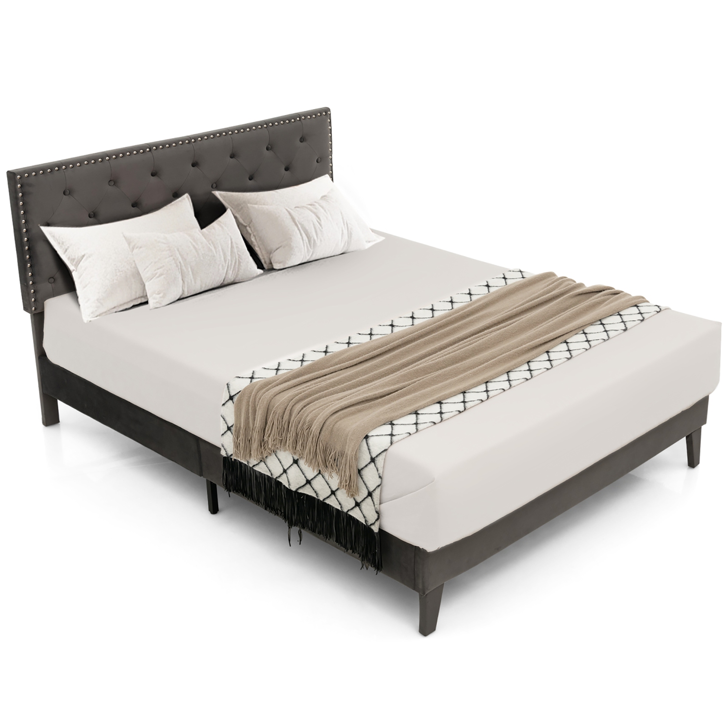 Costway Full/Queen Bed Frame Upholstered Platform Bed with Tufted Headboard Mattress Foundation