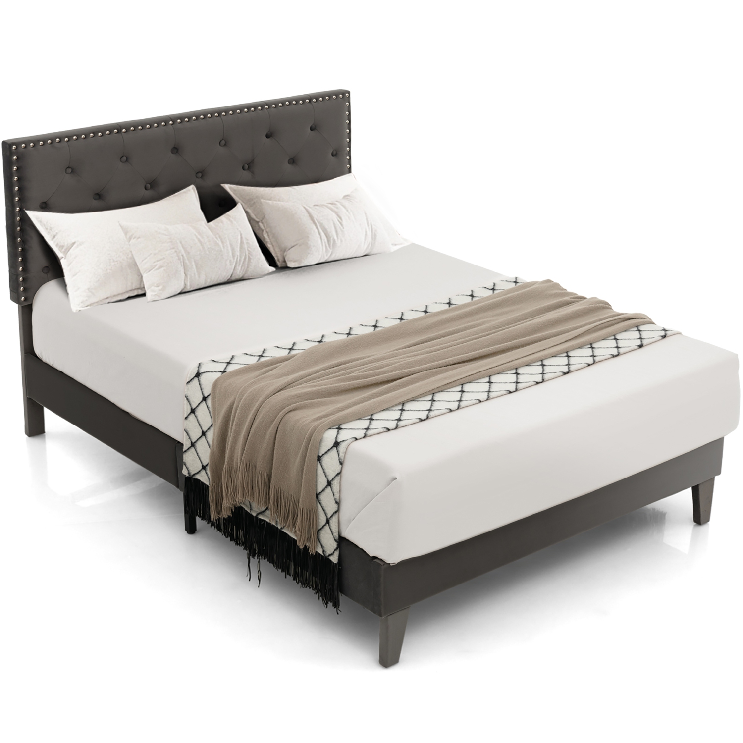 Costway Full Bed Frame Upholstered Platform Bed with Tufted Headboard Mattress Foundation