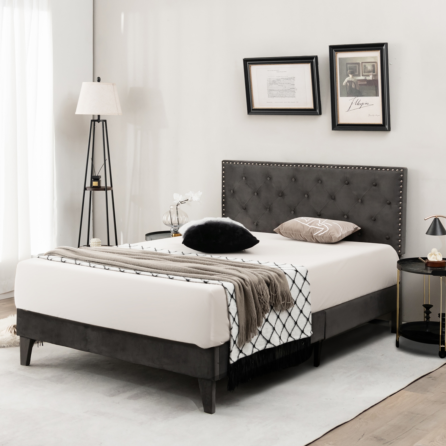 Costway Full Bed Frame Upholstered Platform Bed with Tufted Headboard Mattress Foundation
