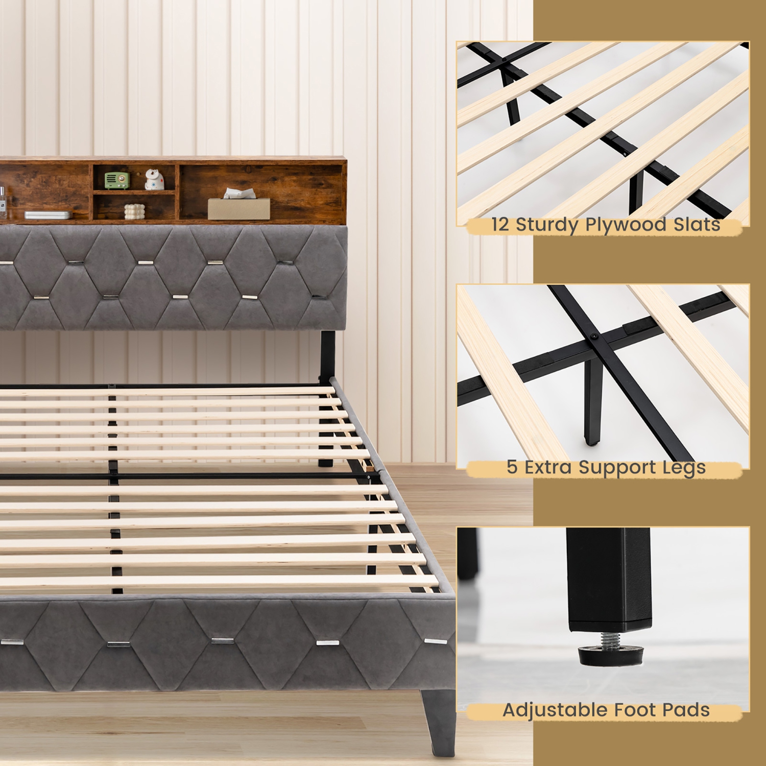 Costway Full/Queen Bed Frame Upholstered Platform Mattress Foundation with Storage Headboard
